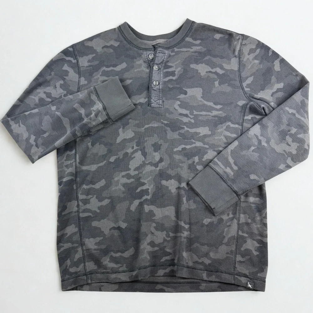 Eddie Bauer Henley Shirt Mens TL Grey Camo Waffle Knit Outdoor Long Sleeve‎